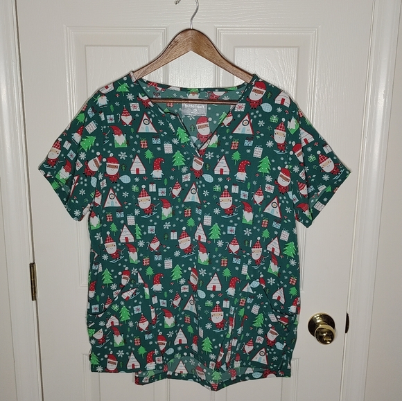 BUTTER SOFT Festive Green Santa Print Women's Scrub Top - Picture 1 of 5